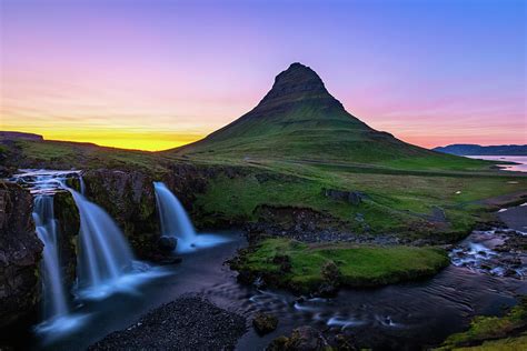 Kirkjufell Mountain And Kirkjufellsfoss Waterfall At Sunset Photograph