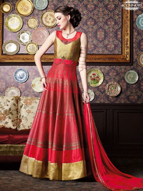 Red And Golden Asymmetrical Anarkali Suit Silk