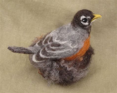 Needle Felted American Robin Mother Bird And Nest By