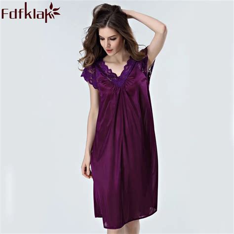 Fdfklak 2018 Summer New V Neck Nightgowns Long Night Dress Sexy Nightwear Women Sleepwear Silk