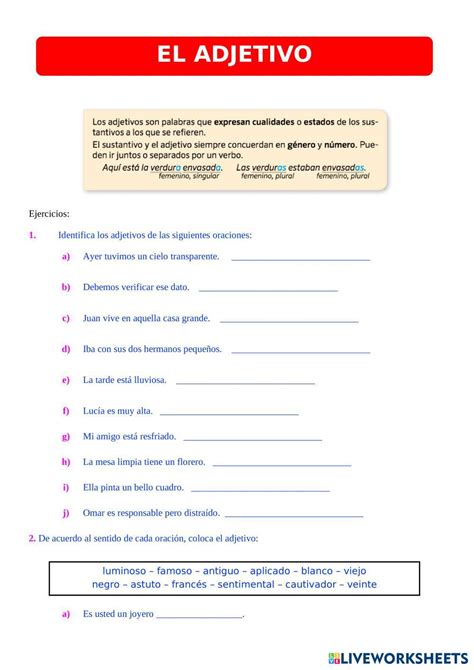 El Adjetivo En Español Live Worksheets