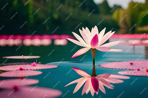Premium Ai Image Pink Lotus Flower Floating On A Water Surface With