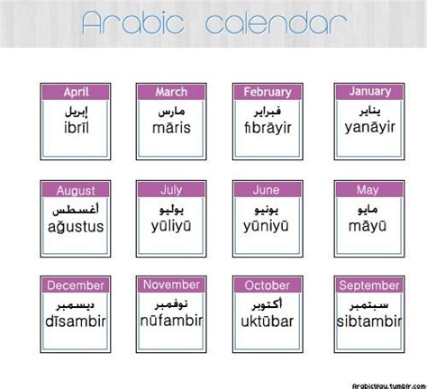 An Arabic Calendar With The Names Of Months And Dates In Different Languages On A White Background