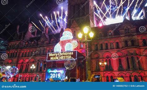 New Years Eve Fireworks At Manchester Town Hall Manchester England