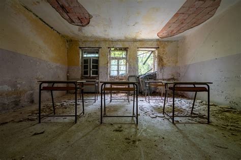 Dilapidated Classroom In An Abandoned Childrens Home Stock Photo