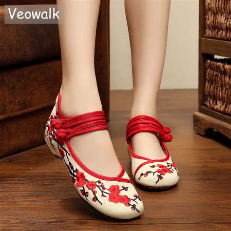 Veowalk Plum Flower Embroidered Women Canvas Ballet Flats Vintage Ladies Ankle Strap Chinese