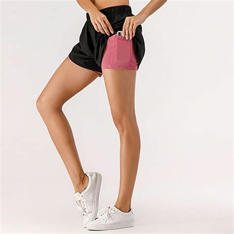 women summer 2 in 1 sports shorts quick dry phone pocket elastic waist drawstring running gym