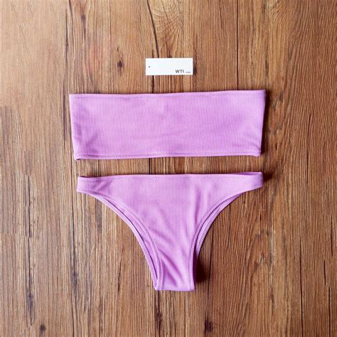 Strapless Bikini Set Solid Color Ribbed High Cut Strapless Bikini For