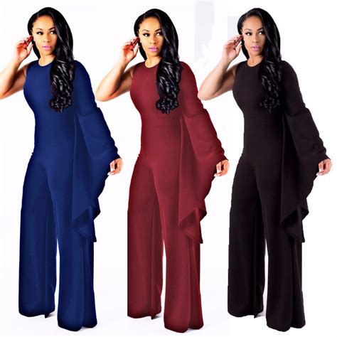 black dark blue women sexy loose jumpsuit casual o neck one shoulder rompers celebrity party