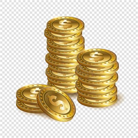 Realistic 3d Gold Dollar Coin Stacks Isolated On Transparent Background