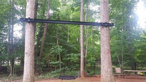 How to hang a baby swing. Swing between two trees using metal I beam | Tree swing ...