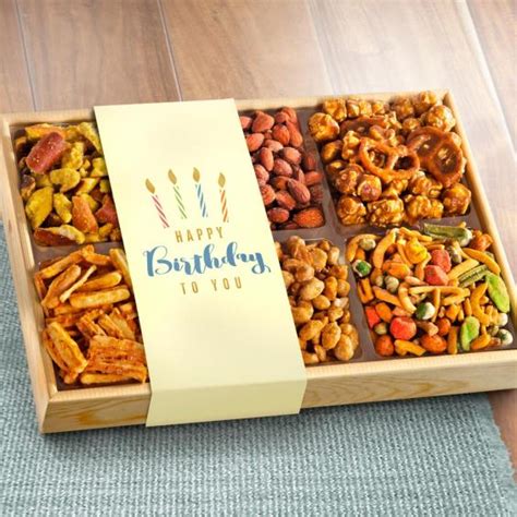 Ask us about creating your own branded snack gift boxes with your company colors & logo! Happy Birthday Crunch 'n Munch Snack & Nut Variety Tray ...