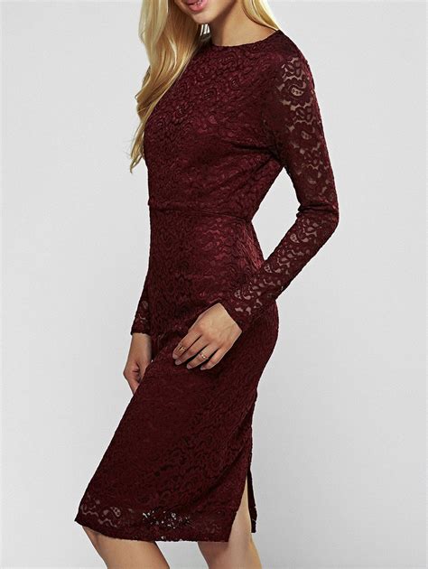 wine red long sleeve lace bodycon dress