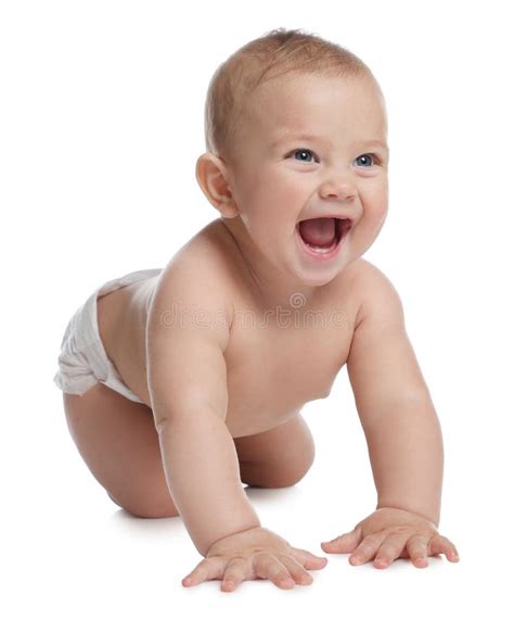 Cute Little Baby In Diaper Crawling On White Background Stock Photo