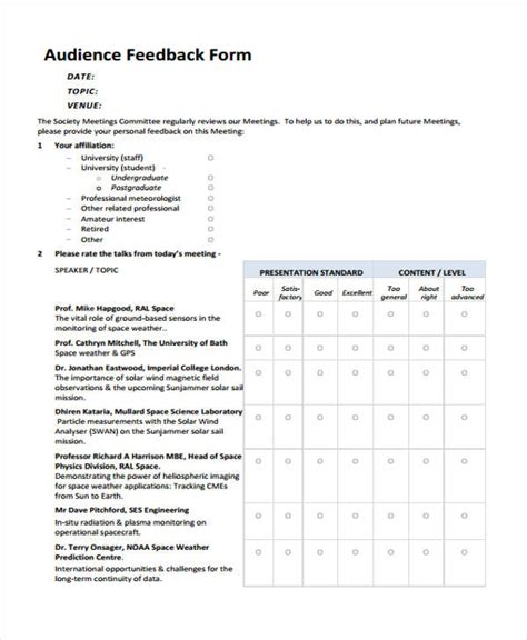 Free 19 Presentation Feedback Forms In Pdf Ms Word Excel