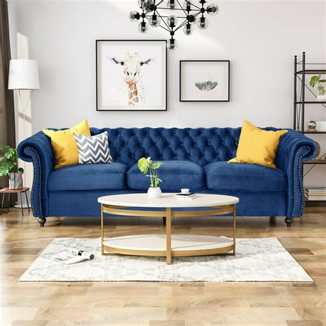 Noble House Aaniya Chesterfield Velvet Tufted Jewel Toned Sofa With Scroll Arms Navy Blue