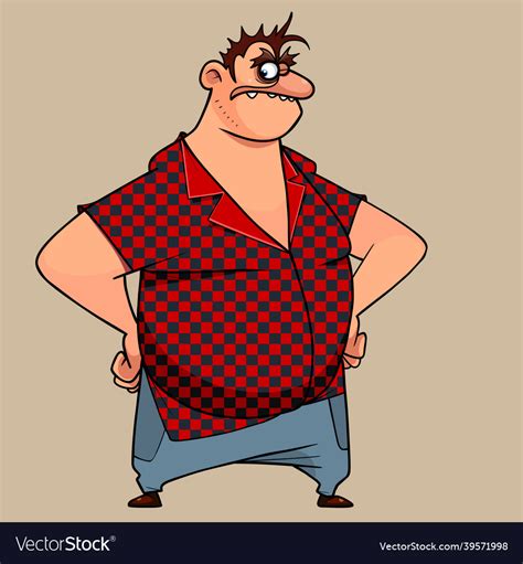 Cartoon Fat Man In Red Shirt Stands With Akimbo Vector Image