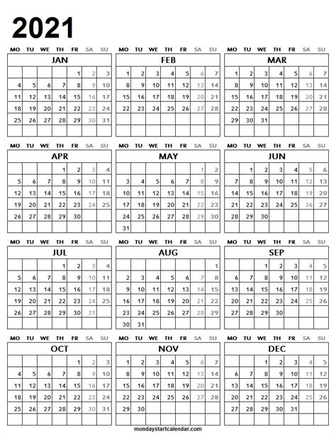 Printable Calendar 2021 Starting Monday A4 Calendar Template 2021 In