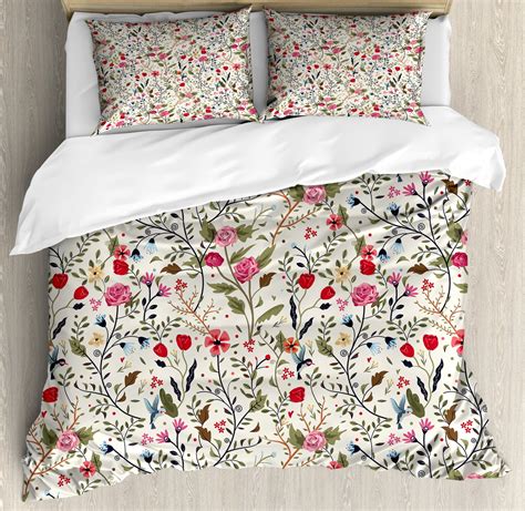 Floral Duvet Cover Set Vibrant Colored Complex Image Birds With Roses
