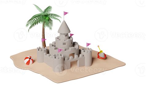 Sand Castle With Towers Fort Gates And Flags Sandy Beach Palms