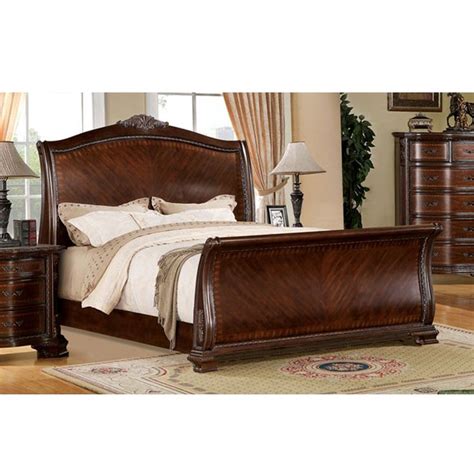 Eastern King Sleigh Bed Hand Carved Accents Solid Wood In Brown Cherry