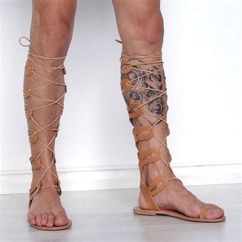 Mens Tall Knee High Toe Ring Gladiator Sandals Leather Spartan Roman