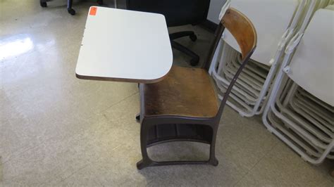 Vintage Wood And Metal School Desk W Attached Chair