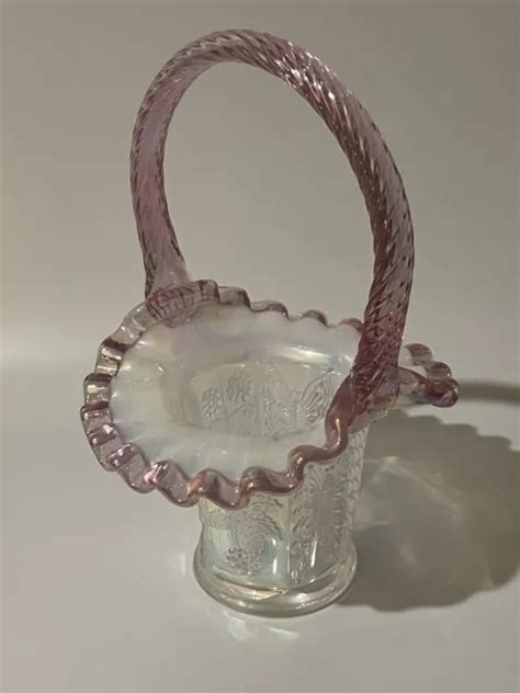 Vintage Fenton Pink Opalescent Ruffled Butterfly And Berry Twisted Handle Basket 24 90 Picclick