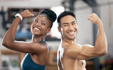 fitness black woman or couple of friends flexing muscles for body goals in training workout or