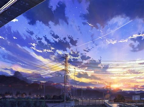 Anime Landscape For Desktop Scenery Clouds Stars Buildings Wallpaper In
