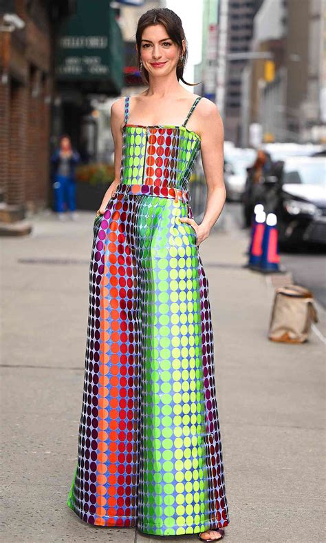 Anne Hathaway Wears Rainbow Suit In New York