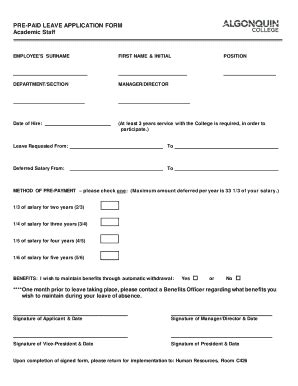 Fillable Online PRE-PAID LEAVE APPLICATION FORM Academic Staff Fax Email Print - PDFfiller