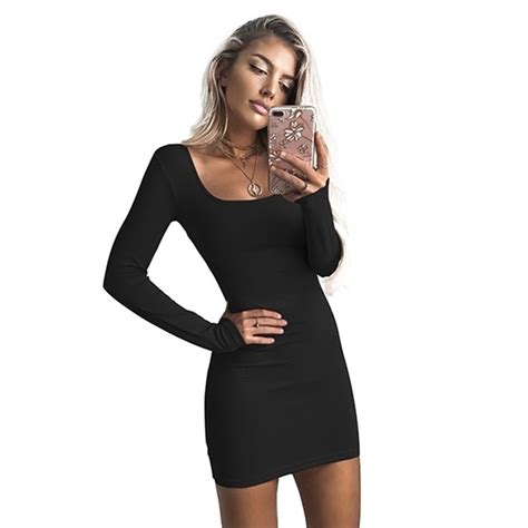 Freshlook Women Solid Color Dress Long Sleeve O Neck Low Cut Bodycon Sexy Package Hip Dress