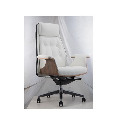 Elegant Warm White Leather Office Chair High Back Executive Wooden