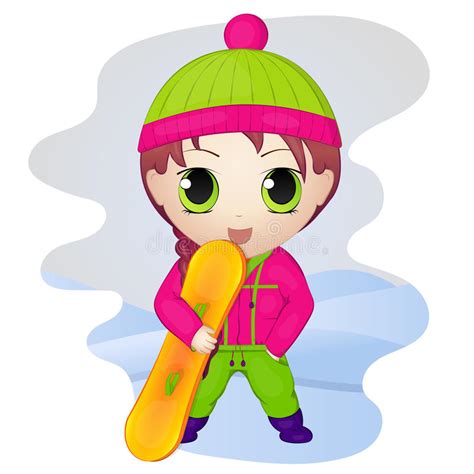 Cute Anime Chibi Little Girl With Snowboard Simple Cartoon Style