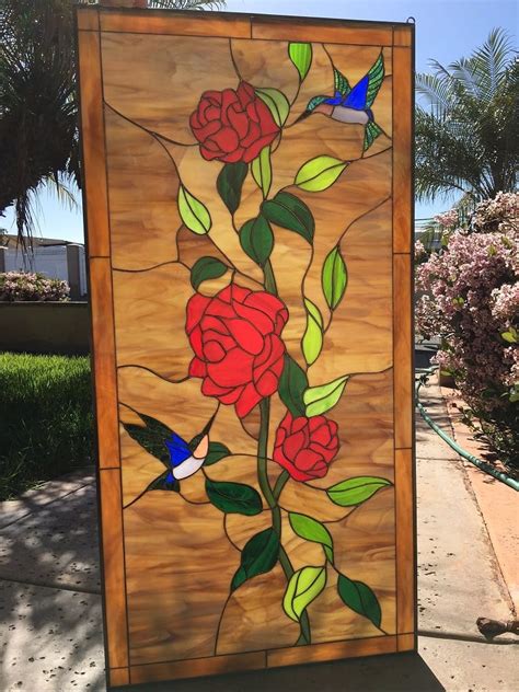 Elegant Hummingbird And Red Roses Leaded Stained Glass Window Panel