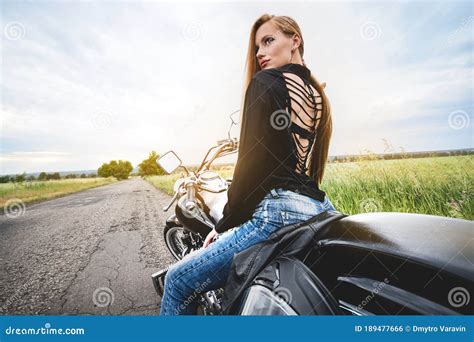 Biker Girl Sitting On A Motorcycle Stock Photo Image Of Asphalt