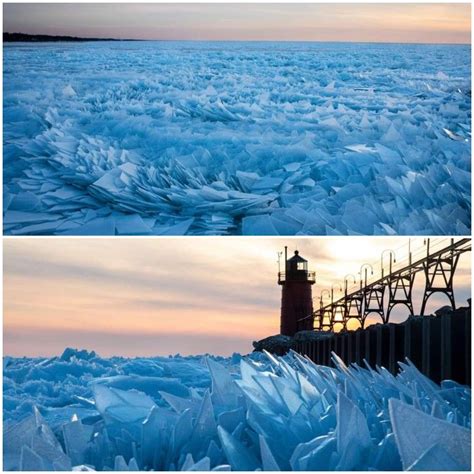 Blue Ice Shards Piling Up Along Shore Of Lake Michigan In Michigan
