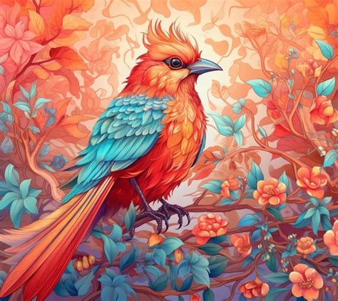 premium ai image brightly colored bird sitting on a branch of a tree with flowers generative ai