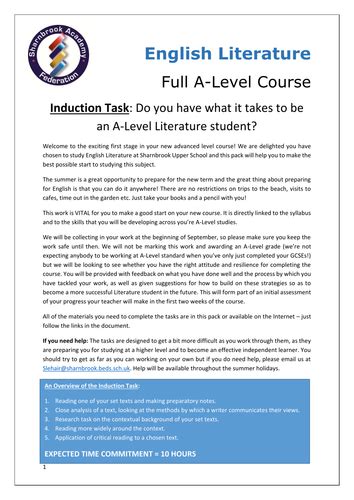 A Level Literature Induction Task Teaching Resources