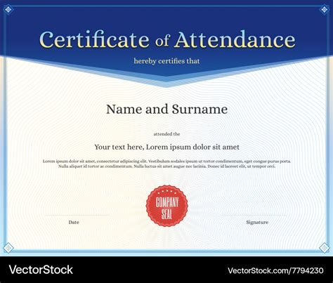 Certificate Attendance Template Blue Royalty Free Vector