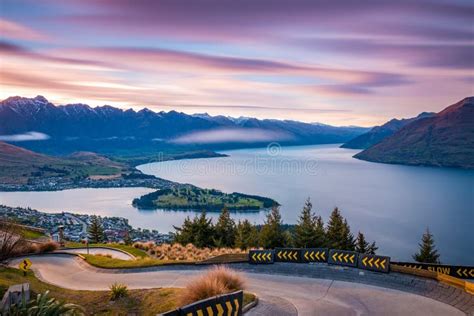 Iconic View Of Queenstown At Sunrise Queenstown New Zealand Stock