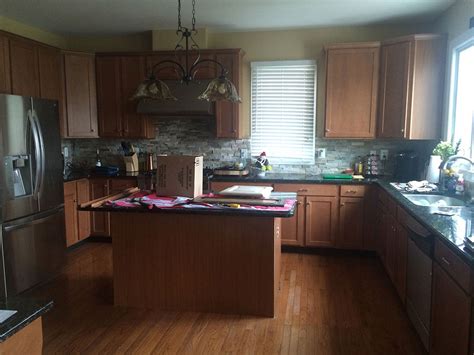 Medium brown maple kitchen cabinets—need help with update! 10 year old maple cabinets before cabinet refinishing ...
