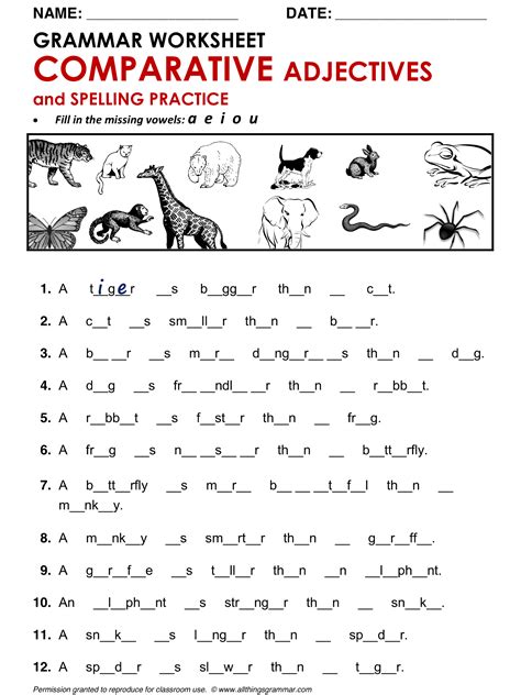 English Grammar Worksheet Comparative Adjectives And Spelling Practice