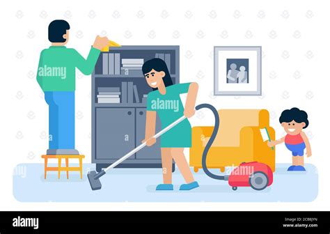 ilustración de vector plano de limpieza de la casa padre madre y niño limpiando a casa juntos