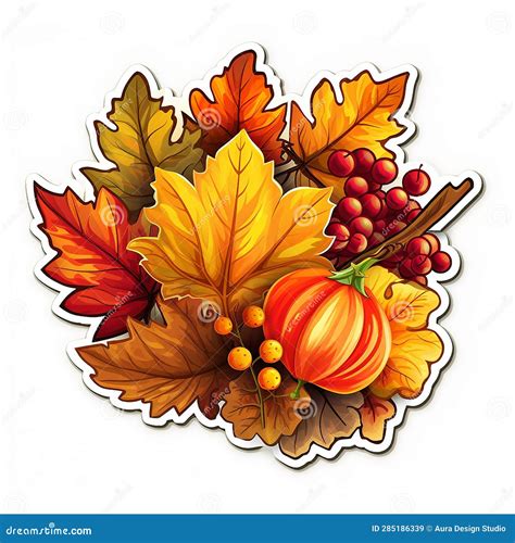 Thanksgiving Sticker With Autumn Leaves On White Isolated Background