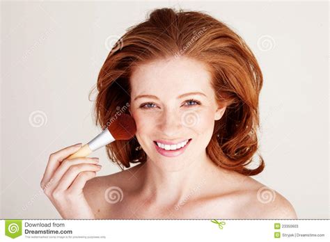 Smiling Woman Applying Blusher Stock Image Image Of Glamour Enhance