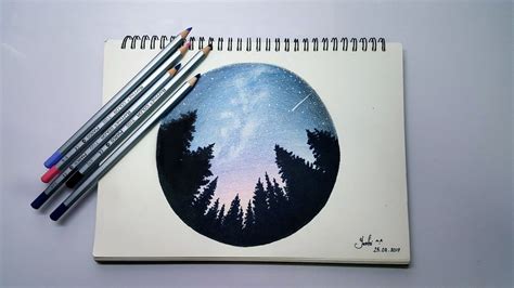 Starry Night Nightsky Star Pinetree Color Pencil Art Card Design