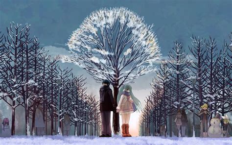 Snow Sky Ice Tree Couple Anime Love Forest Wallpaper 1920x1200