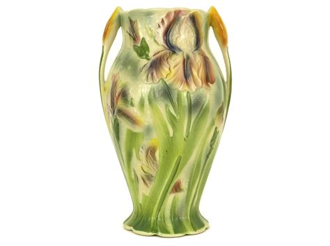 French Majolica Vase With Art Nouveau Iris Flower Decor St Clement